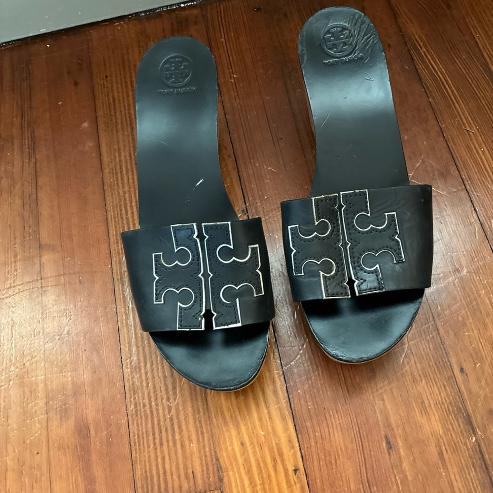 Tory Burch INES 80mm Wedge Sandal Leather and Wood Black- Size 8.5 - Picture 4 of 6